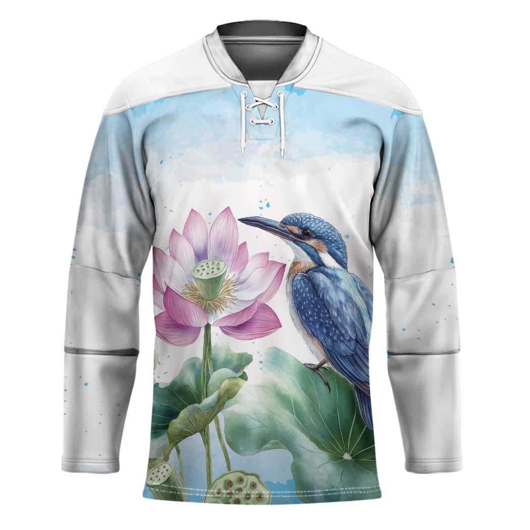 Australia Azure Kingfisher Hockey Jersey Ceyx Azureus Sacred Lotus Watercolor - Aussie Hoodie