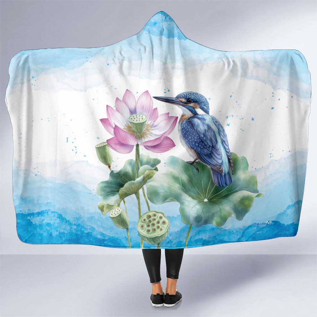 Australia Azure Kingfisher Hooded Blanket Ceyx Azureus Sacred Lotus Watercolor - Aussie Hoodie