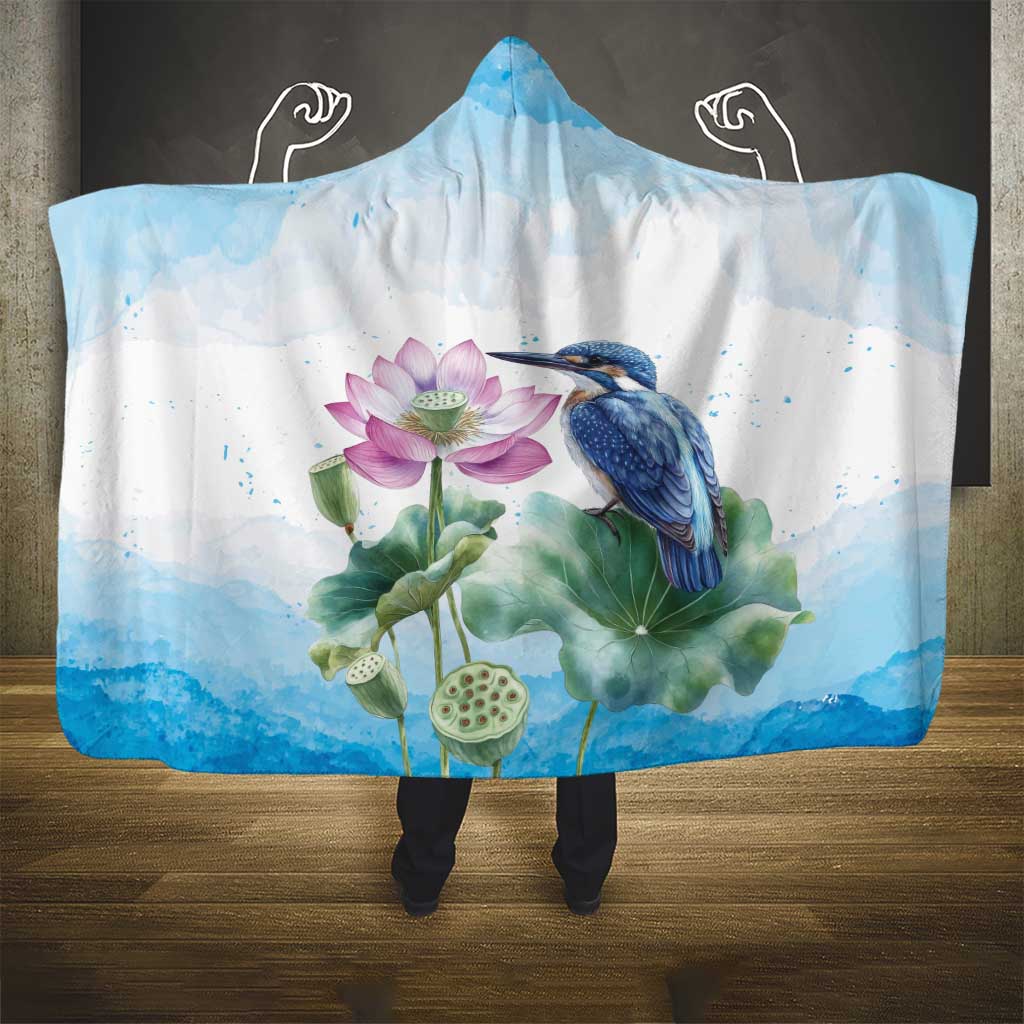 Australia Azure Kingfisher Hooded Blanket Ceyx Azureus Sacred Lotus Watercolor - Aussie Hoodie