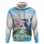 Australia Azure Kingfisher Hoodie Ceyx Azureus Sacred Lotus Watercolor - Aussie Hoodie