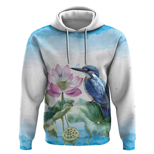 Australia Azure Kingfisher Hoodie Ceyx Azureus Sacred Lotus Watercolor - Aussie Hoodie