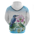 Australia Azure Kingfisher Hoodie Ceyx Azureus Sacred Lotus Watercolor - Aussie Hoodie