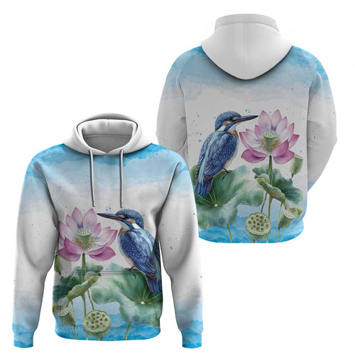 Australia Azure Kingfisher Hoodie Ceyx Azureus Sacred Lotus Watercolor - Aussie Hoodie