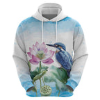 Australia Azure Kingfisher Hoodie Ceyx Azureus Sacred Lotus Watercolor - Aussie Hoodie