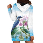 Australia Azure Kingfisher Hoodie Dress Ceyx Azureus Sacred Lotus Watercolor - Aussie Hoodie