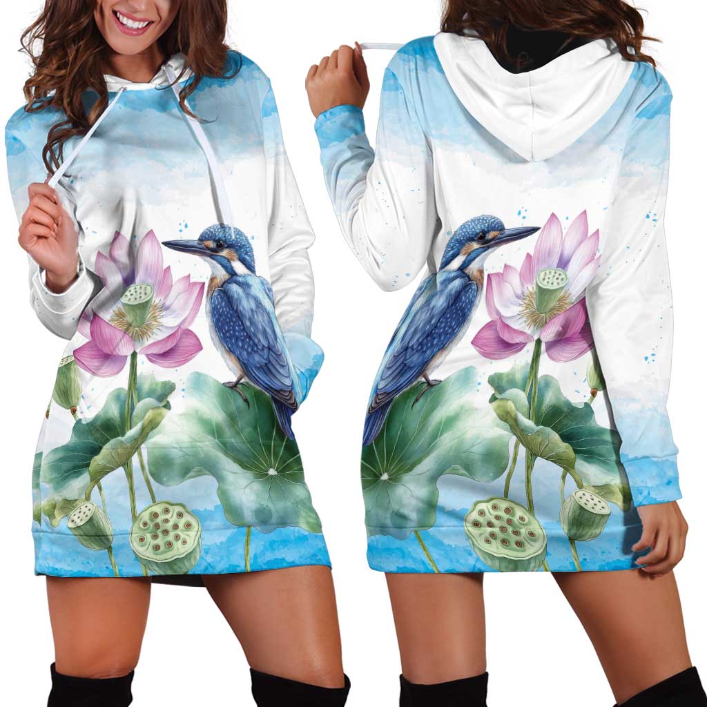 Australia Azure Kingfisher Hoodie Dress Ceyx Azureus Sacred Lotus Watercolor - Aussie Hoodie