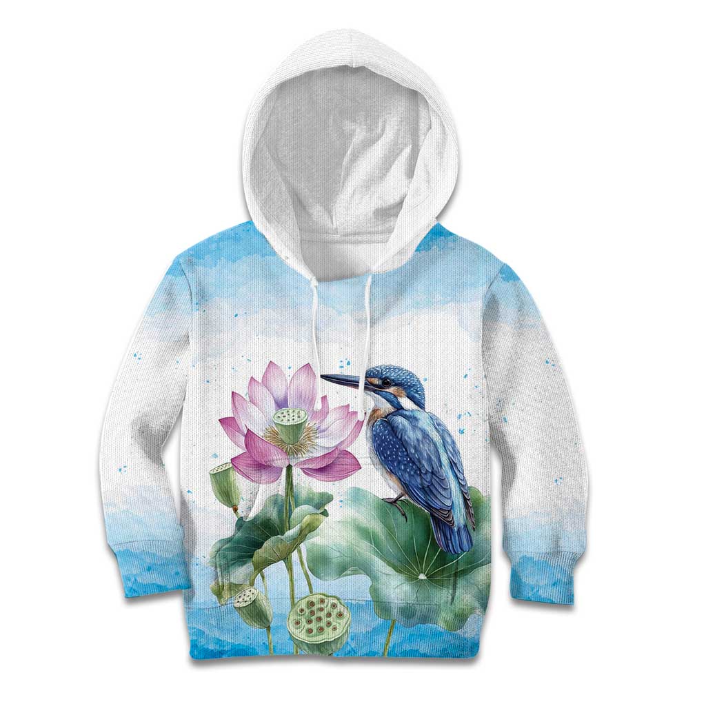 Australia Azure Kingfisher Kid Hoodie Ceyx Azureus Sacred Lotus Watercolor - Aussie Hoodie