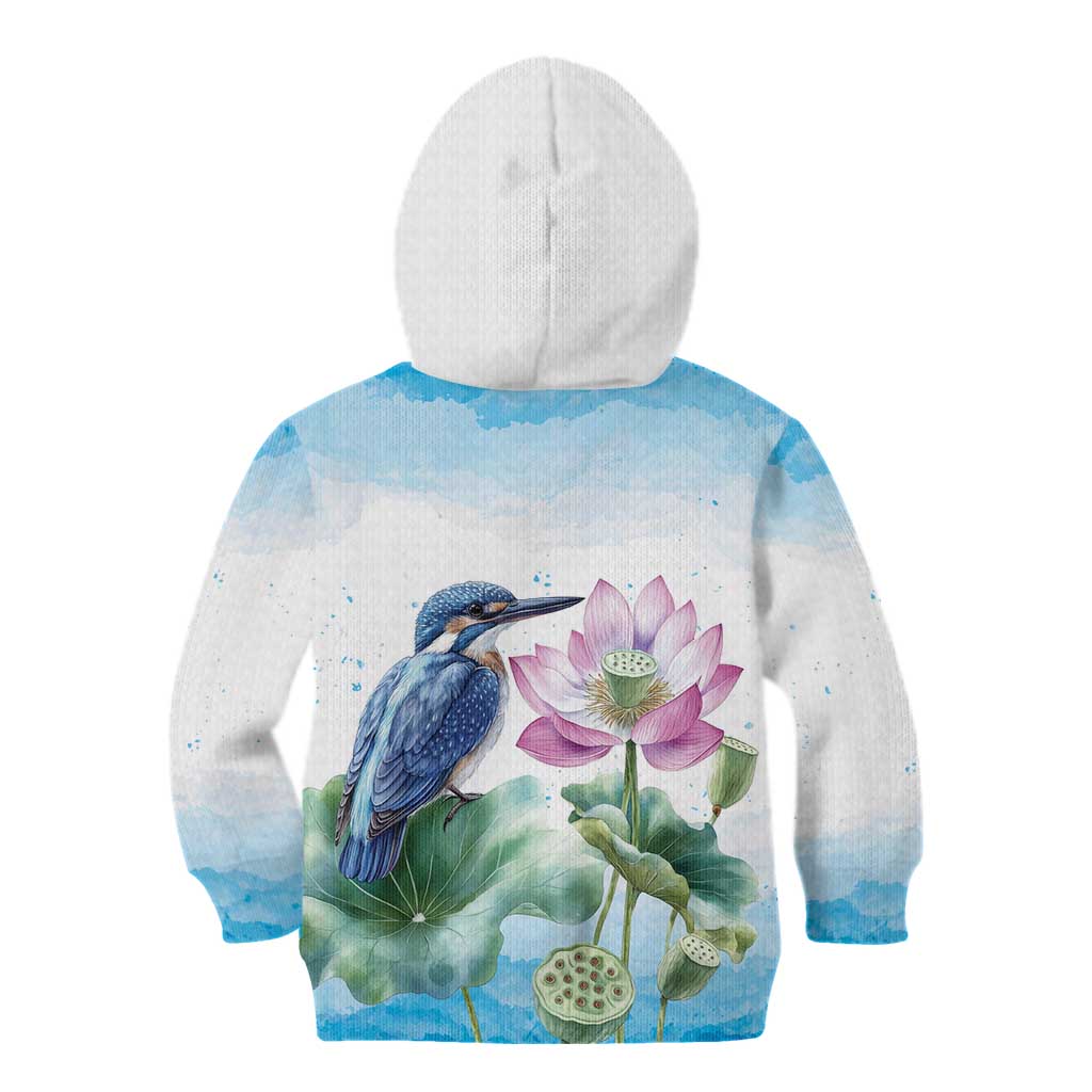 Australia Azure Kingfisher Kid Hoodie Ceyx Azureus Sacred Lotus Watercolor - Aussie Hoodie