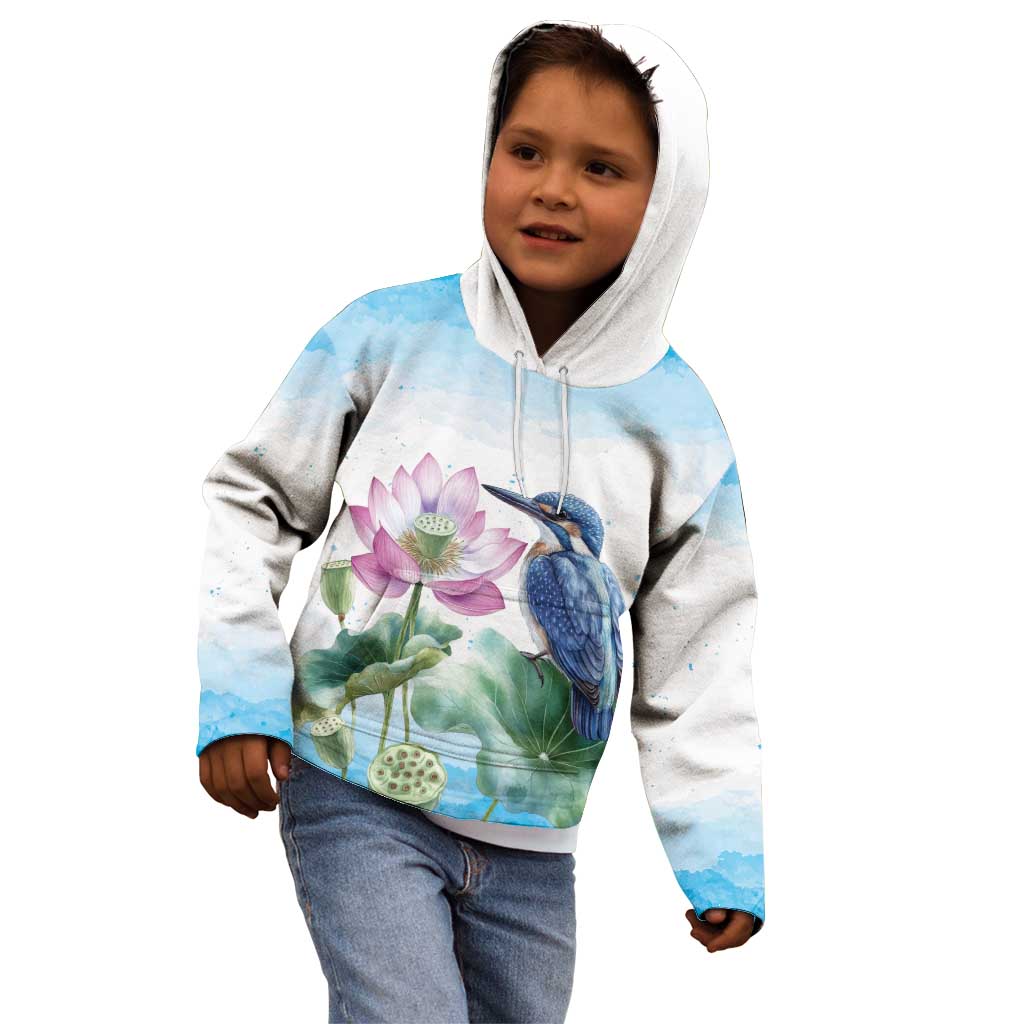 Australia Azure Kingfisher Kid Hoodie Ceyx Azureus Sacred Lotus Watercolor - Aussie Hoodie