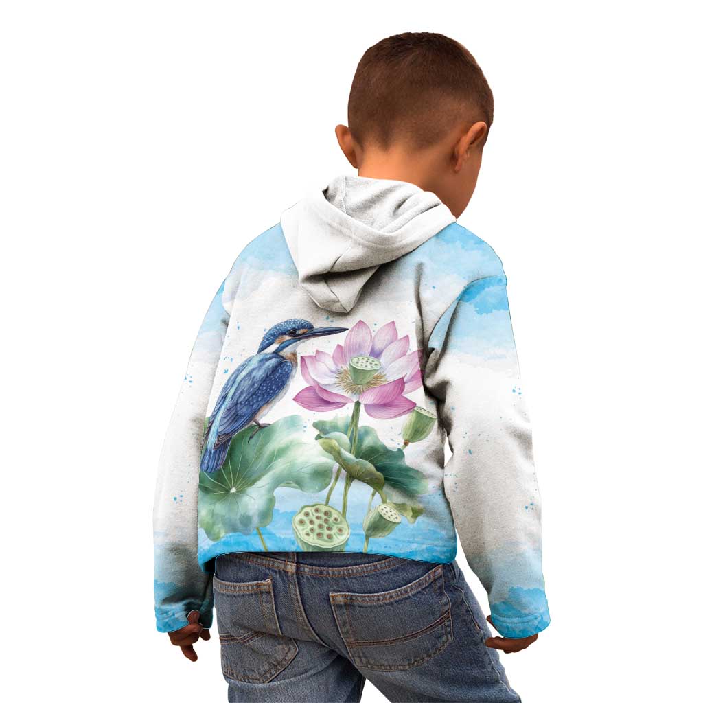 Australia Azure Kingfisher Kid Hoodie Ceyx Azureus Sacred Lotus Watercolor - Aussie Hoodie
