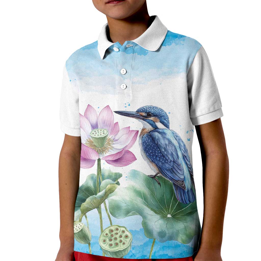 Australia Azure Kingfisher Kid Polo Shirt Ceyx Azureus Sacred Lotus Watercolor - Aussie Hoodie