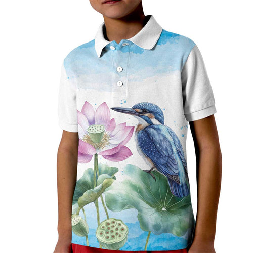 Australia Azure Kingfisher Kid Polo Shirt Ceyx Azureus Sacred Lotus Watercolor - Aussie Hoodie