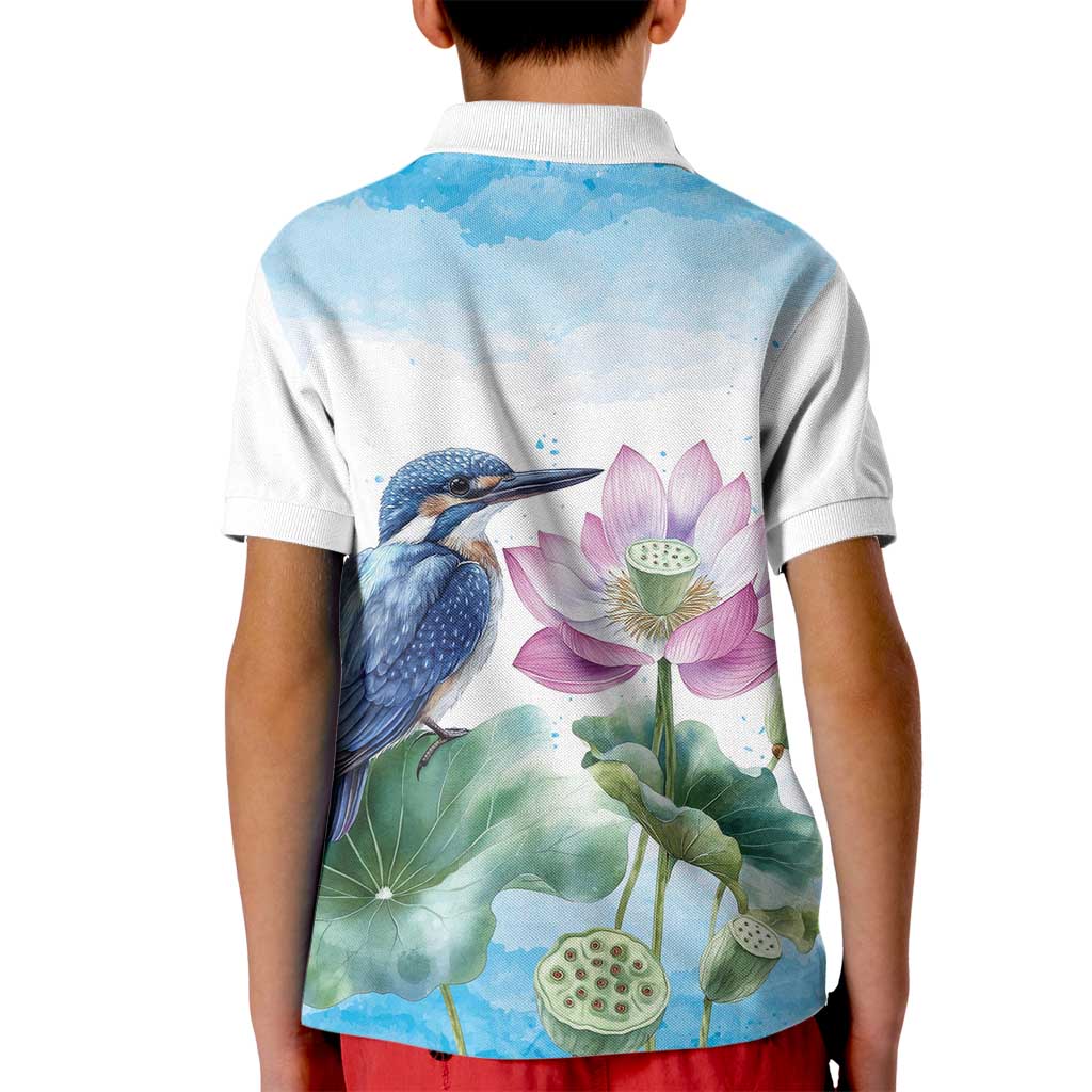 Australia Azure Kingfisher Kid Polo Shirt Ceyx Azureus Sacred Lotus Watercolor - Aussie Hoodie