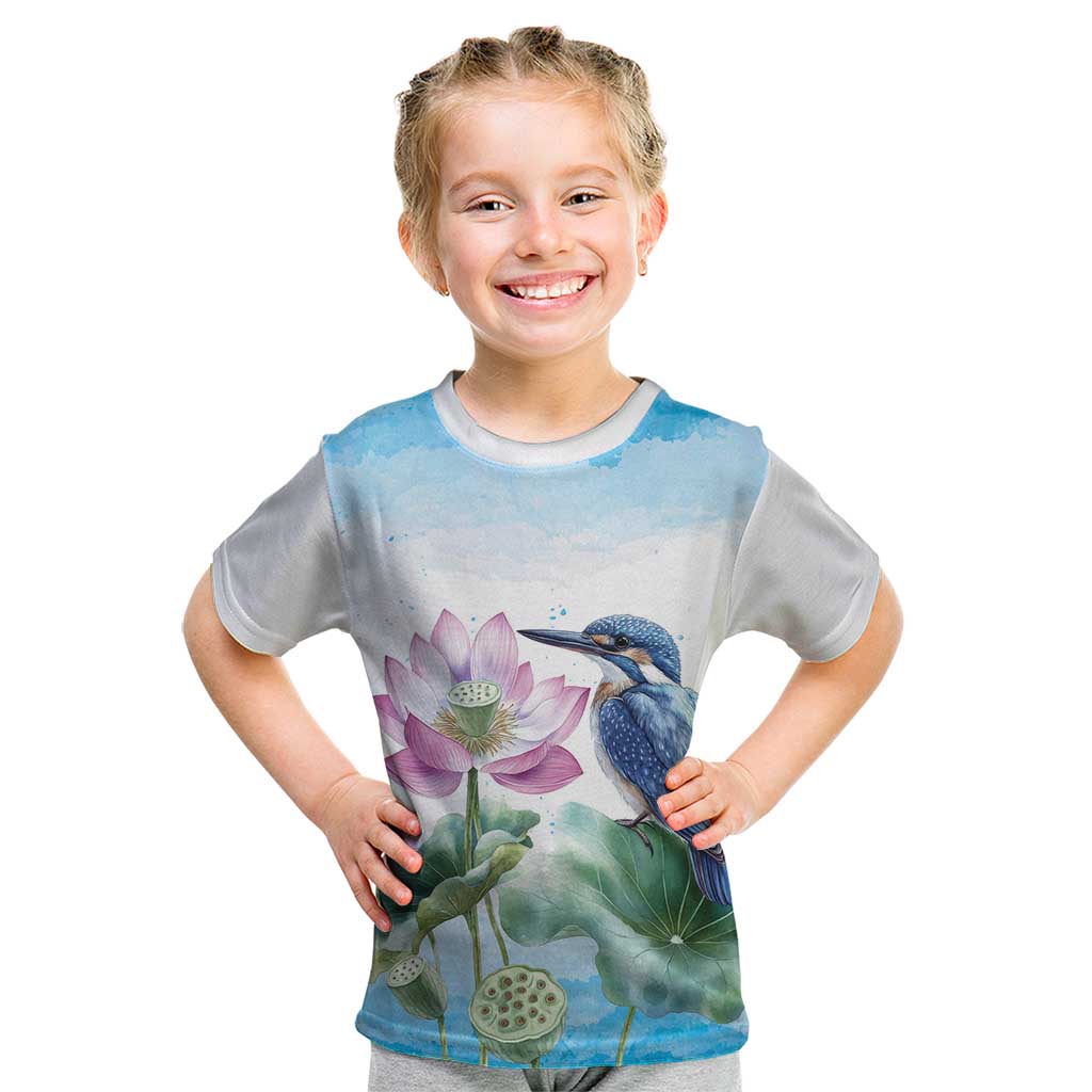 Australia Azure Kingfisher Kid T Shirt Ceyx Azureus Sacred Lotus Watercolor - Aussie Hoodie