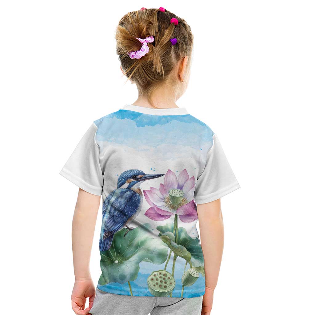 Australia Azure Kingfisher Kid T Shirt Ceyx Azureus Sacred Lotus Watercolor - Aussie Hoodie