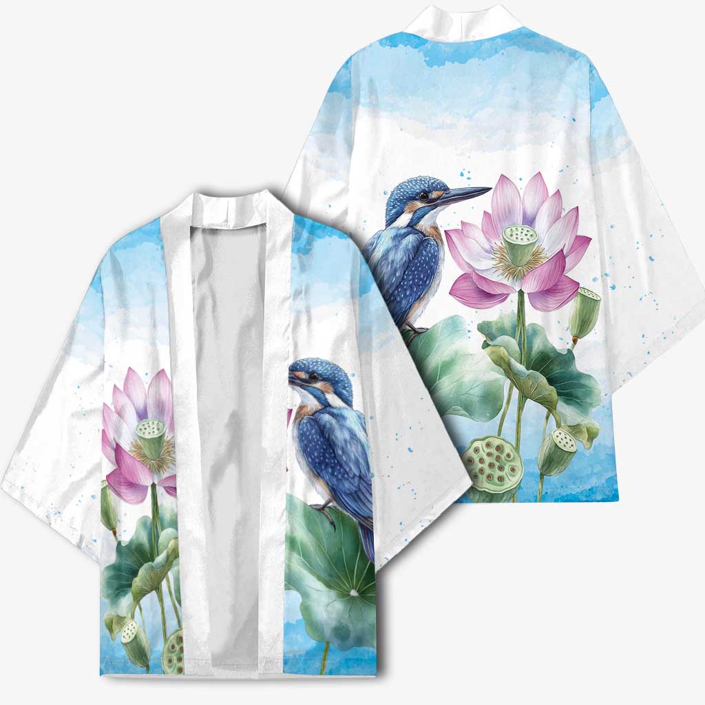 Australia Azure Kingfisher Kimono Ceyx Azureus Sacred Lotus Watercolor - Aussie Hoodie
