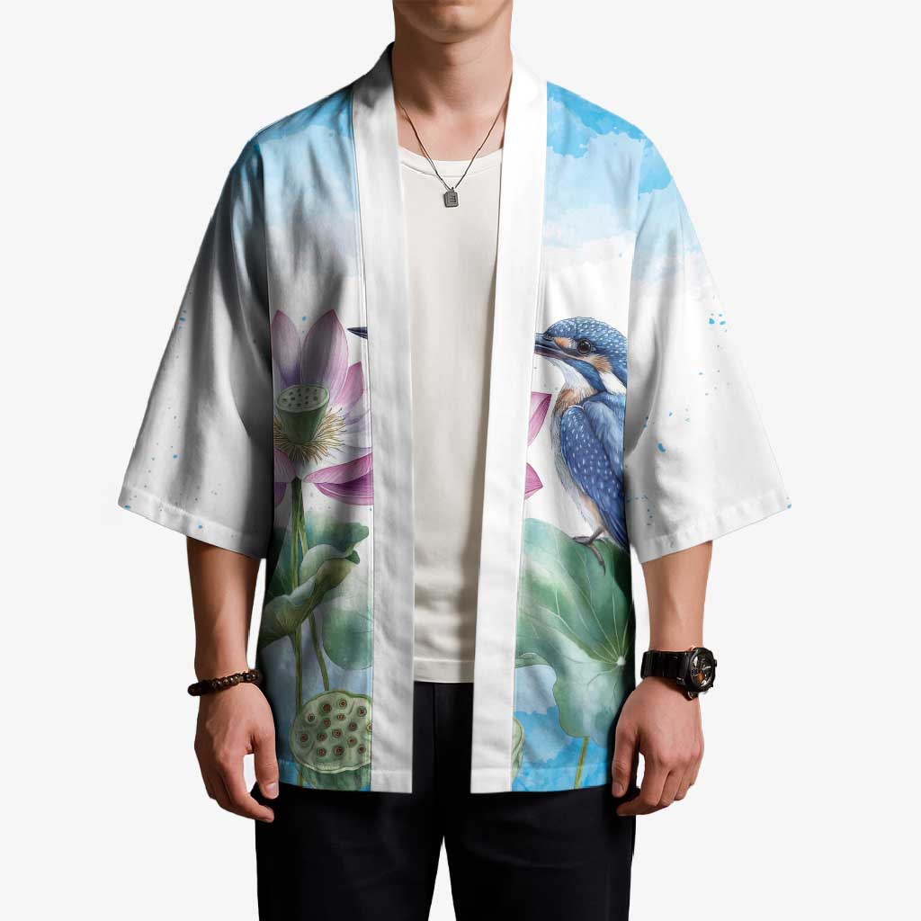 Australia Azure Kingfisher Kimono Ceyx Azureus Sacred Lotus Watercolor - Aussie Hoodie