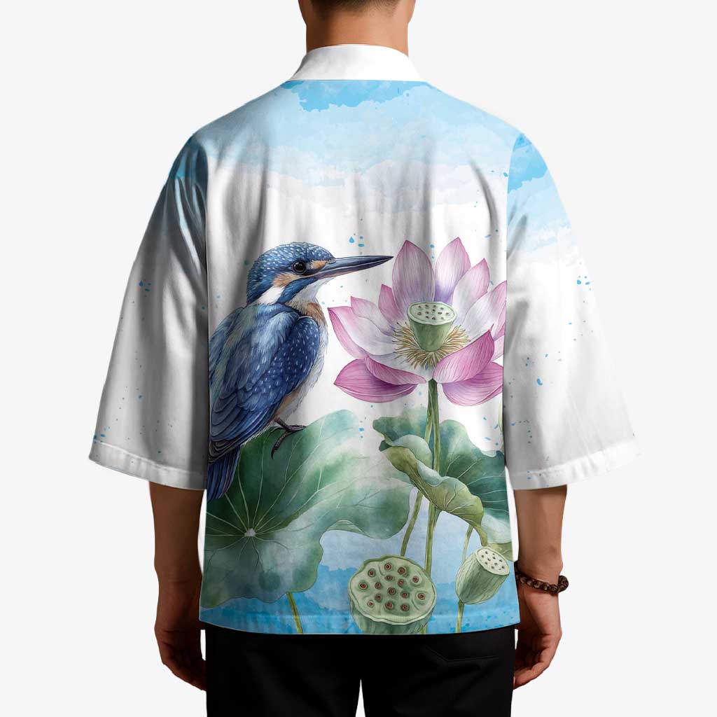 Australia Azure Kingfisher Kimono Ceyx Azureus Sacred Lotus Watercolor - Aussie Hoodie