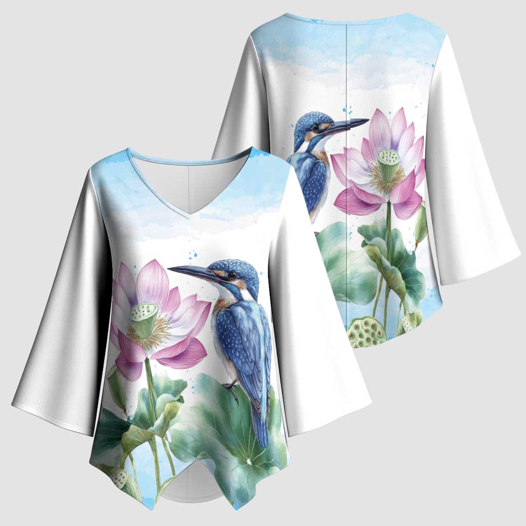 Australia Azure Kingfisher Kimono Sleeve Blouse Ceyx Azureus Sacred Lotus Watercolor - Aussie Hoodie