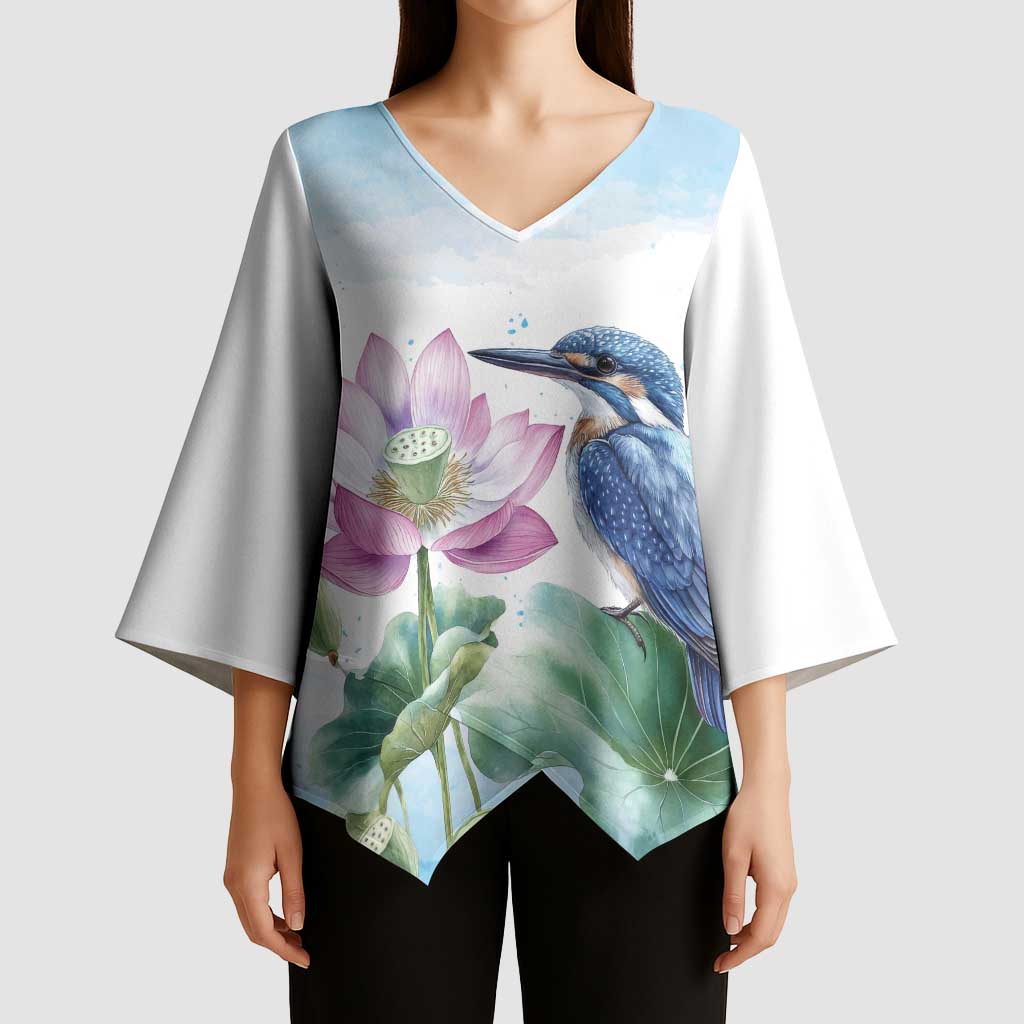 Australia Azure Kingfisher Kimono Sleeve Blouse Ceyx Azureus Sacred Lotus Watercolor - Aussie Hoodie