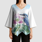 Australia Azure Kingfisher Kimono Sleeve Blouse Ceyx Azureus Sacred Lotus Watercolor - Aussie Hoodie