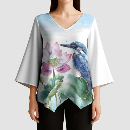 Australia Azure Kingfisher Kimono Sleeve Blouse Ceyx Azureus Sacred Lotus Watercolor - Aussie Hoodie
