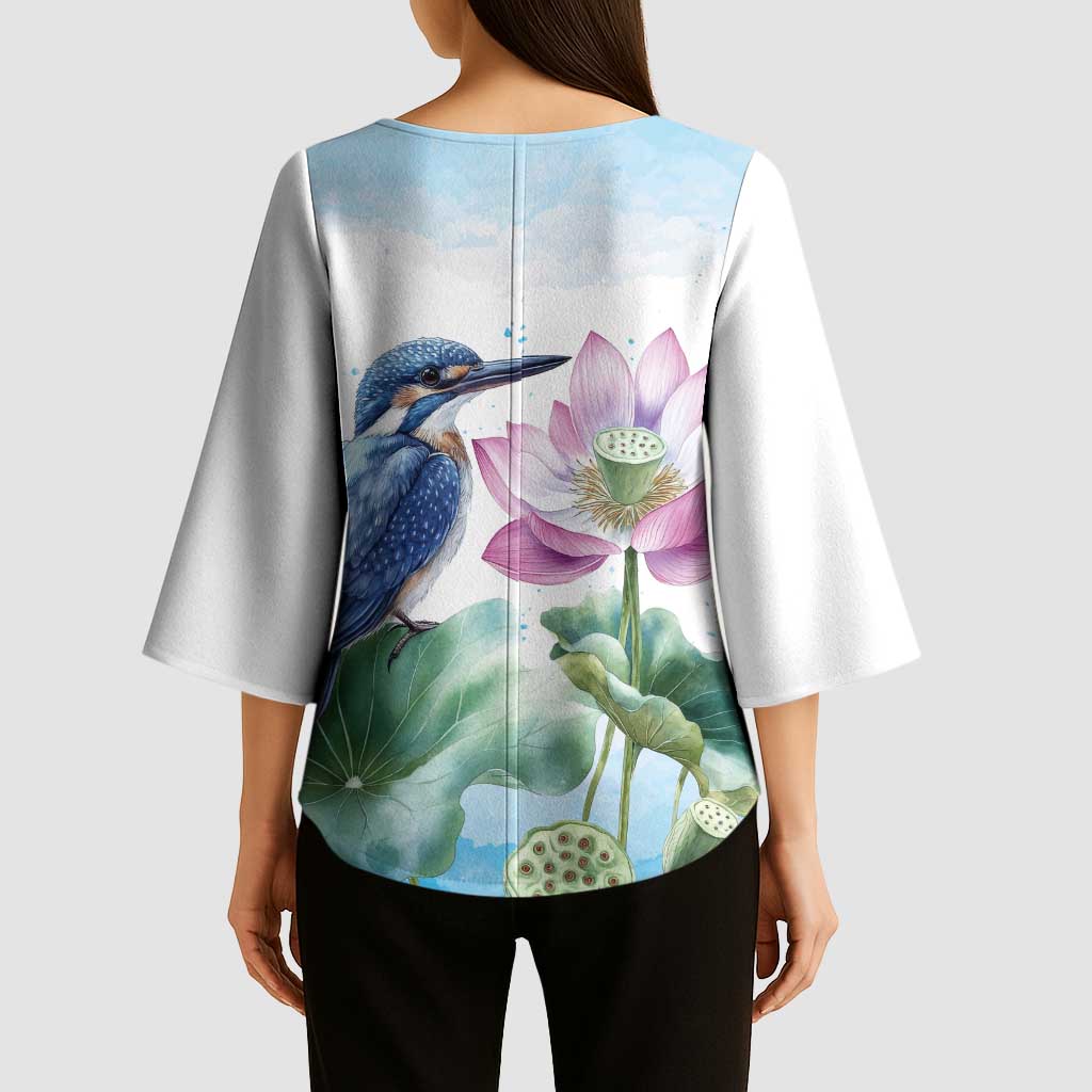 Australia Azure Kingfisher Kimono Sleeve Blouse Ceyx Azureus Sacred Lotus Watercolor - Aussie Hoodie