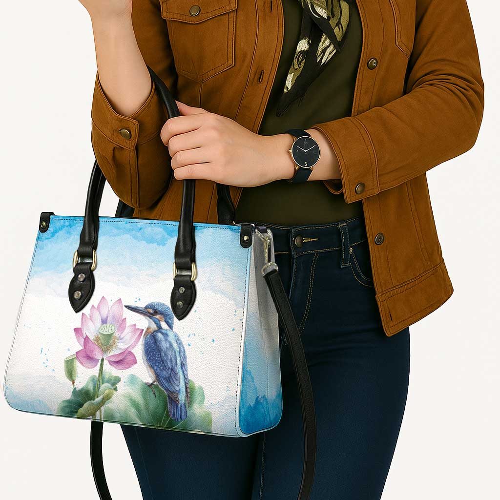 Australia Azure Kingfisher Leather Bag Ceyx Azureus Sacred Lotus Watercolor - Aussie Hoodie