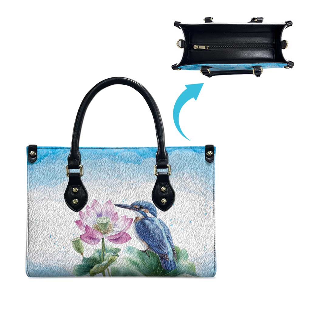 Australia Azure Kingfisher Leather Bag Ceyx Azureus Sacred Lotus Watercolor - Aussie Hoodie