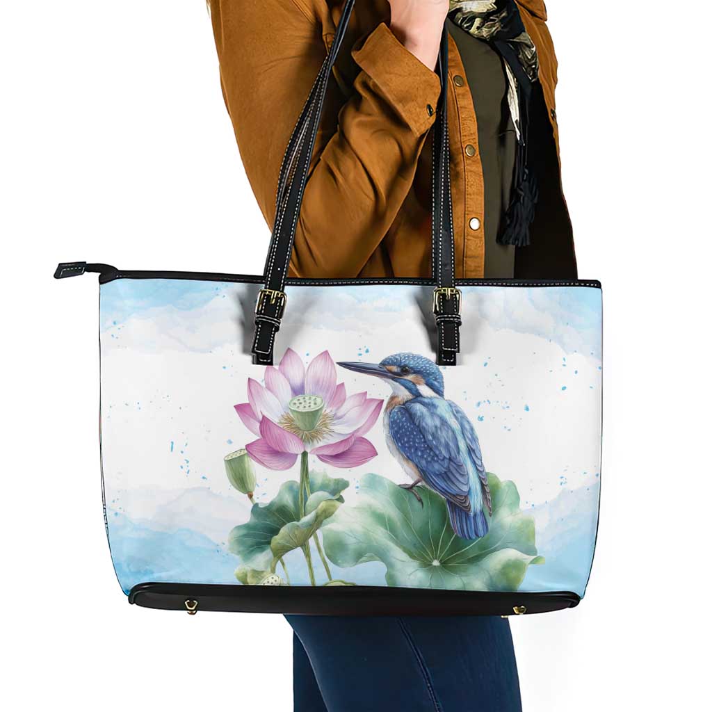 Australia Azure Kingfisher Leather Tote Bag Ceyx Azureus Sacred Lotus Watercolor - Aussie Hoodie