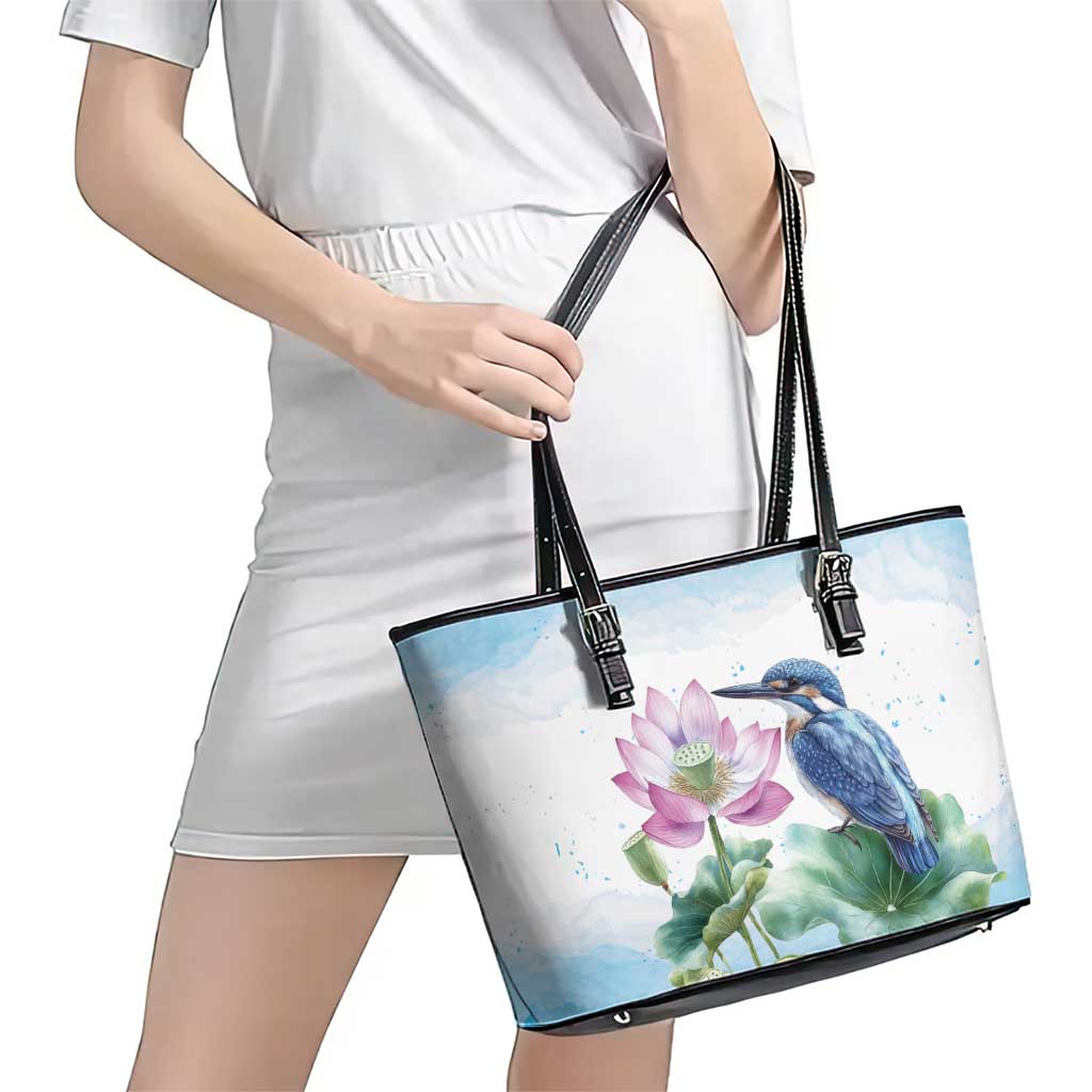 Australia Azure Kingfisher Leather Tote Bag Ceyx Azureus Sacred Lotus Watercolor - Aussie Hoodie