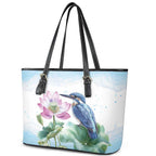 Australia Azure Kingfisher Leather Tote Bag Ceyx Azureus Sacred Lotus Watercolor - Aussie Hoodie