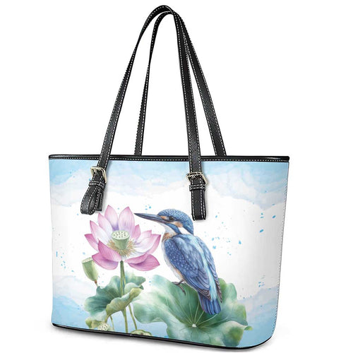 Australia Azure Kingfisher Leather Tote Bag Ceyx Azureus Sacred Lotus Watercolor - Aussie Hoodie