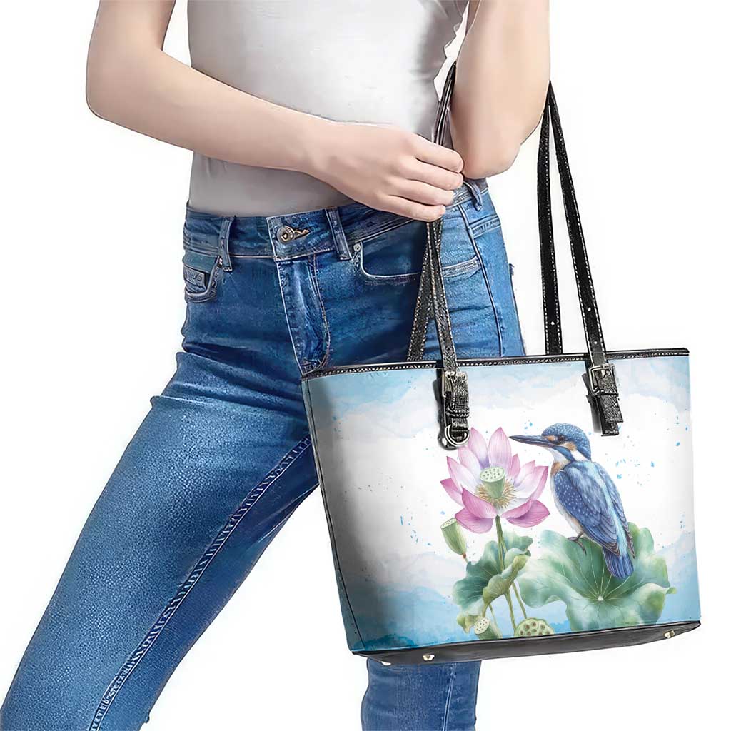 Australia Azure Kingfisher Leather Tote Bag Ceyx Azureus Sacred Lotus Watercolor - Aussie Hoodie