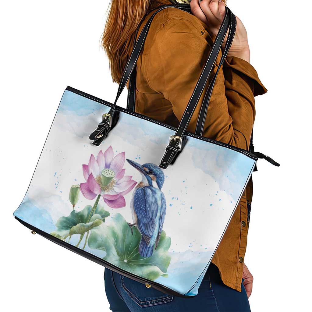 Australia Azure Kingfisher Leather Tote Bag Ceyx Azureus Sacred Lotus Watercolor - Aussie Hoodie