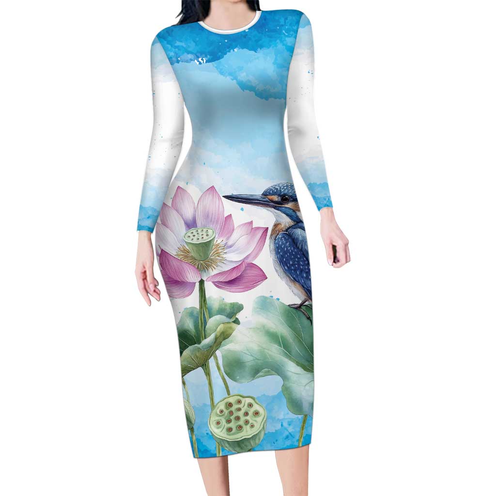 Australia Azure Kingfisher Long Sleeve Bodycon Dress Ceyx Azureus Sacred Lotus Watercolor - Aussie Hoodie