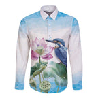 Australia Azure Kingfisher Long Sleeve Button Shirt Ceyx Azureus Sacred Lotus Watercolor - Aussie Hoodie