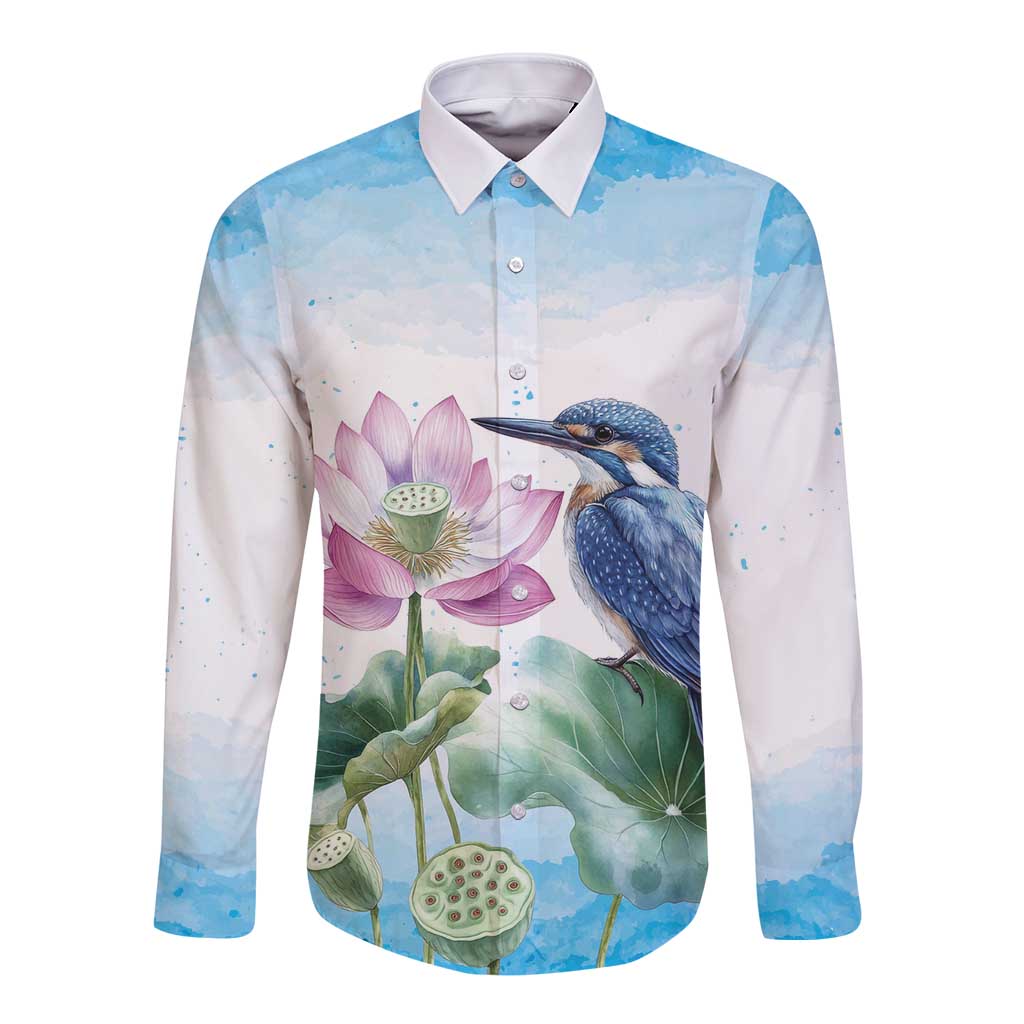Australia Azure Kingfisher Long Sleeve Button Shirt Ceyx Azureus Sacred Lotus Watercolor - Aussie Hoodie