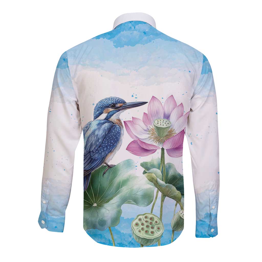 Australia Azure Kingfisher Long Sleeve Button Shirt Ceyx Azureus Sacred Lotus Watercolor - Aussie Hoodie