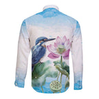 Australia Azure Kingfisher Long Sleeve Button Shirt Ceyx Azureus Sacred Lotus Watercolor - Aussie Hoodie