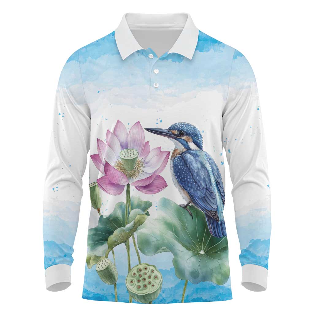 Australia Azure Kingfisher Long Sleeve Polo Shirt Ceyx Azureus Sacred Lotus Watercolor - Aussie Hoodie