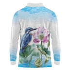 Australia Azure Kingfisher Long Sleeve Polo Shirt Ceyx Azureus Sacred Lotus Watercolor - Aussie Hoodie