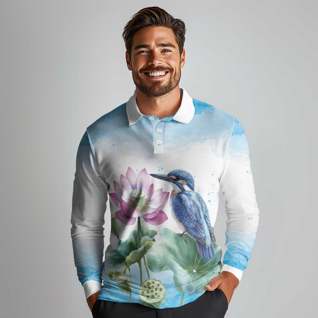 Australia Azure Kingfisher Long Sleeve Polo Shirt Ceyx Azureus Sacred Lotus Watercolor - Aussie Hoodie