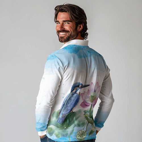 Australia Azure Kingfisher Long Sleeve Polo Shirt Ceyx Azureus Sacred Lotus Watercolor - Aussie Hoodie
