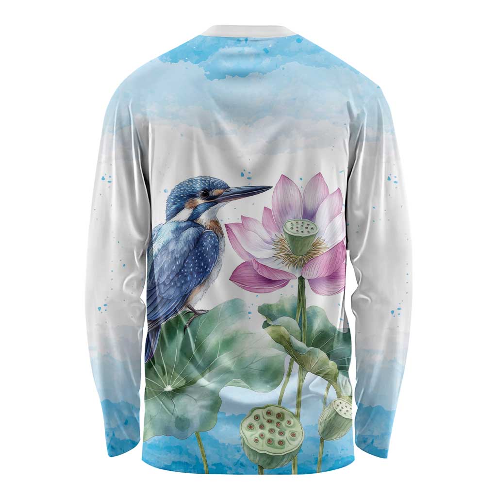 Australia Azure Kingfisher Long Sleeve Shirt Ceyx Azureus Sacred Lotus Watercolor - Aussie Hoodie