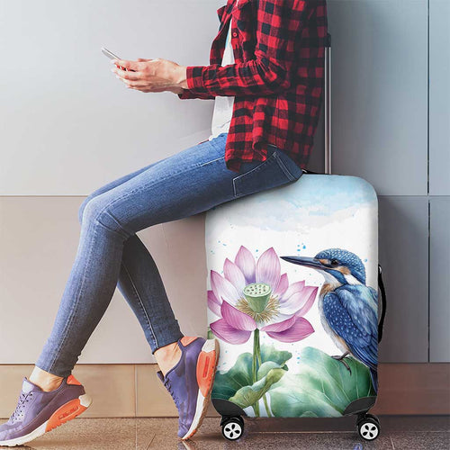 Australia Azure Kingfisher Luggage Cover Ceyx Azureus Sacred Lotus Watercolor - Aussie Hoodie