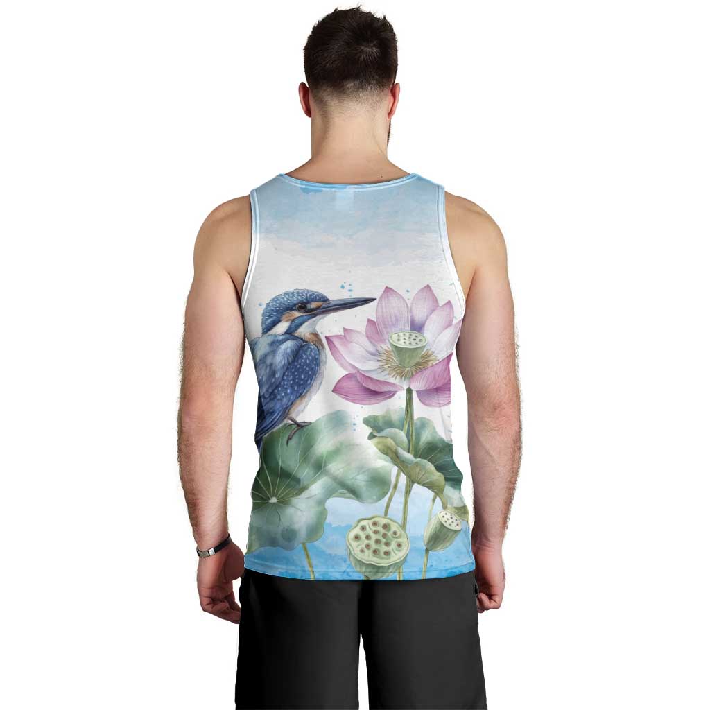 Australia Azure Kingfisher Men Tank Top Ceyx Azureus Sacred Lotus Watercolor - Aussie Hoodie
