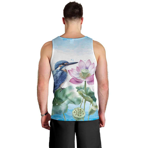 Australia Azure Kingfisher Men Tank Top Ceyx Azureus Sacred Lotus Watercolor - Aussie Hoodie