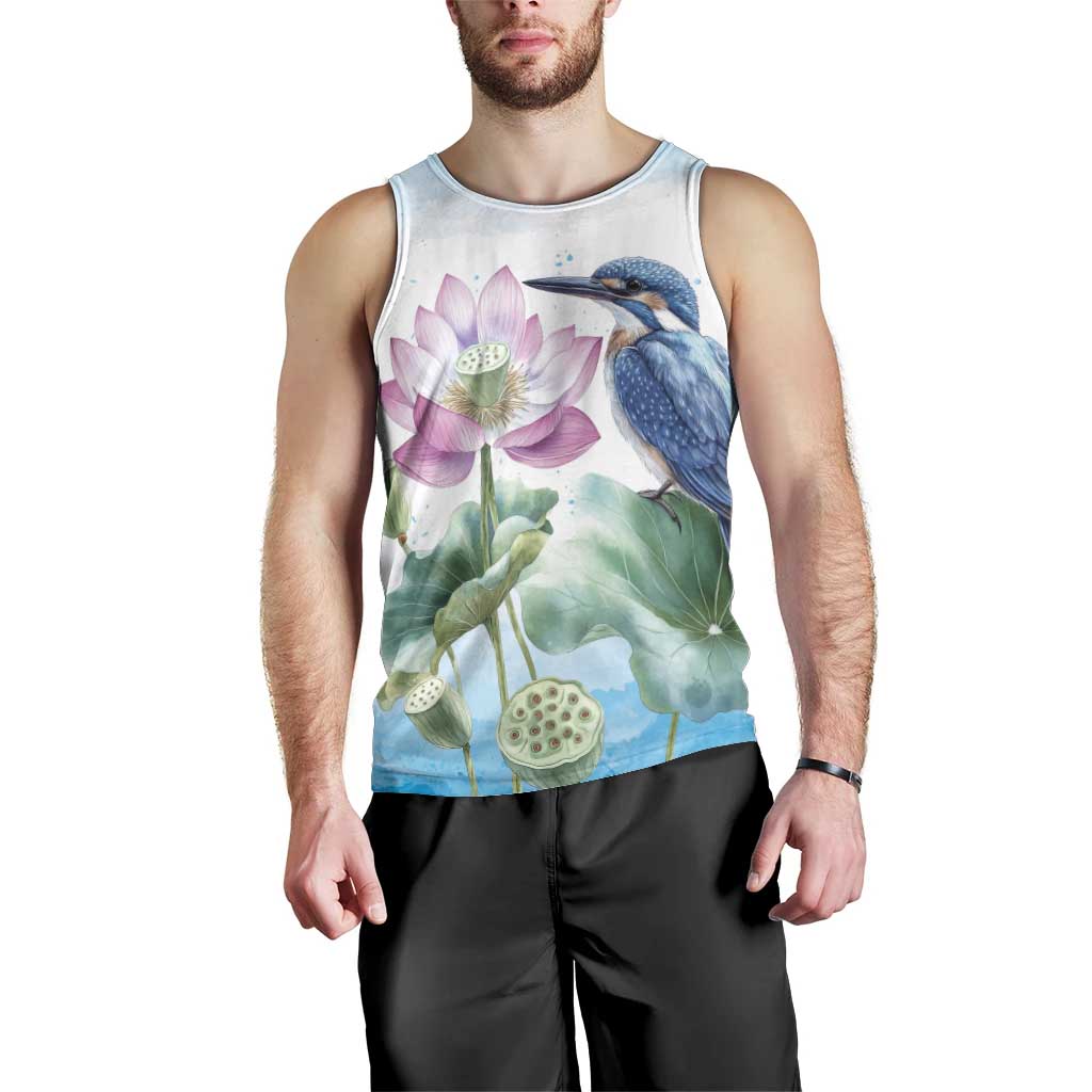 Australia Azure Kingfisher Men Tank Top Ceyx Azureus Sacred Lotus Watercolor - Aussie Hoodie