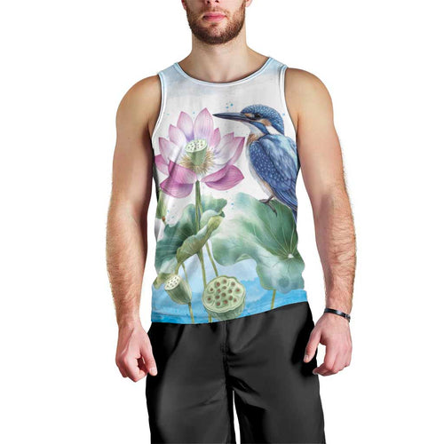 Australia Azure Kingfisher Men Tank Top Ceyx Azureus Sacred Lotus Watercolor - Aussie Hoodie